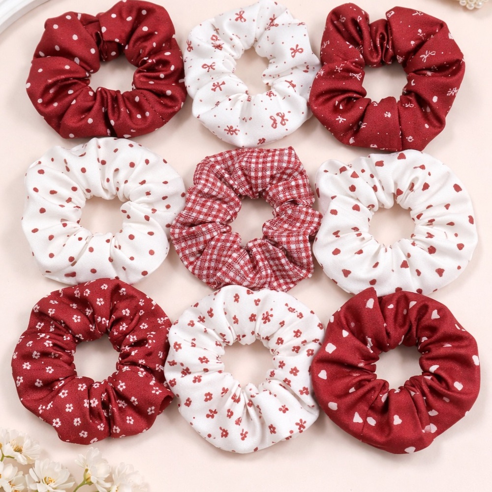 9-Piece Burgundy & White Scrunchie Set – Floral, Plaid & Heart